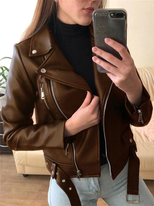 Street Style Motorcycle Lapel Zipped Leather Jacket