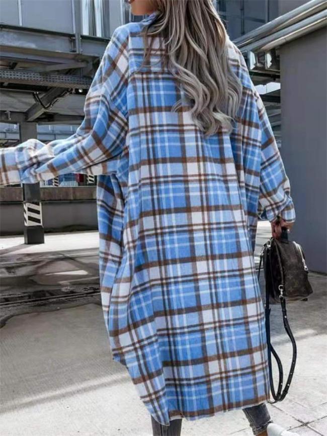 Exquisite Plaid Lapel Over-The-Knee Buttoned Long-Sleeved Coat