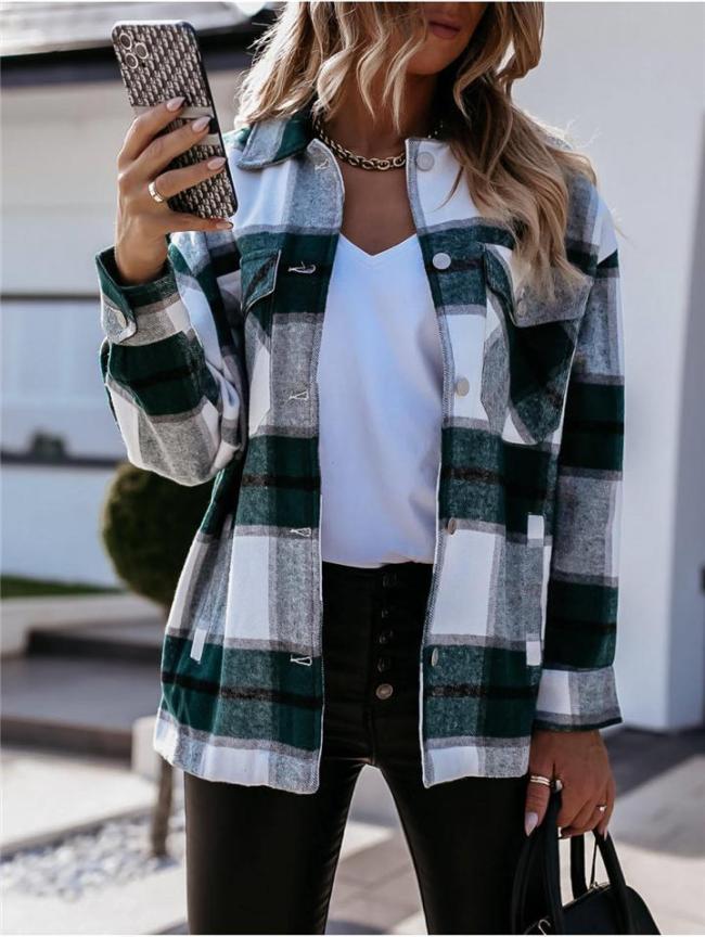 Single-Breasted Classic Collar Chest Pocket Checked Pattern Plaid Shirt Jacket