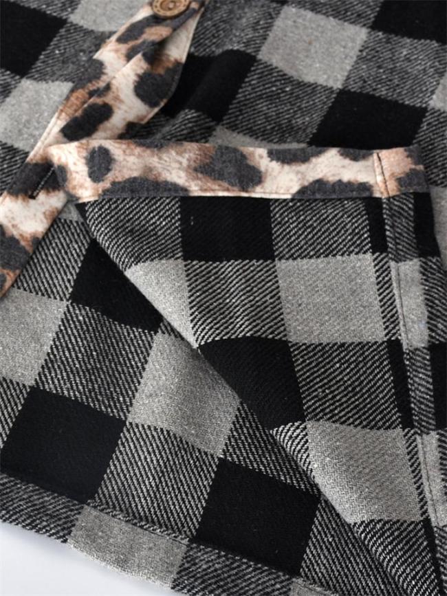 Fashion Contrast Color Design Plaid Leopard Print Chest Pocket Shaket