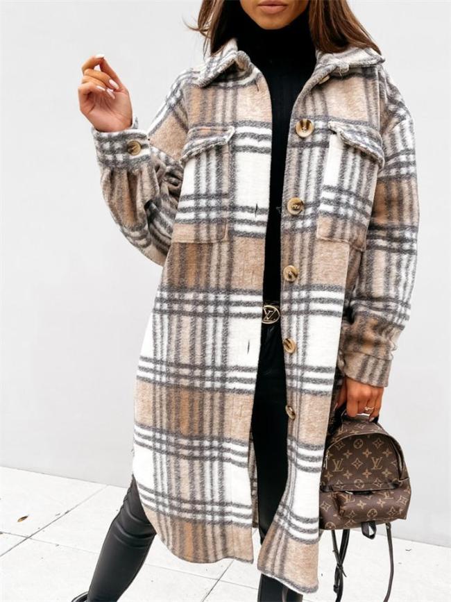Decent Plaid Lapel Mid-Length Long-Sleeved Coat