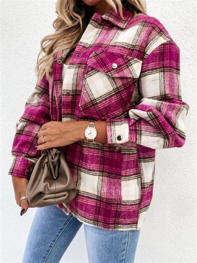 Stylish Classic Collar Single-Breasted Checked Chest Pocket  Plaid Western Shirt Jacket