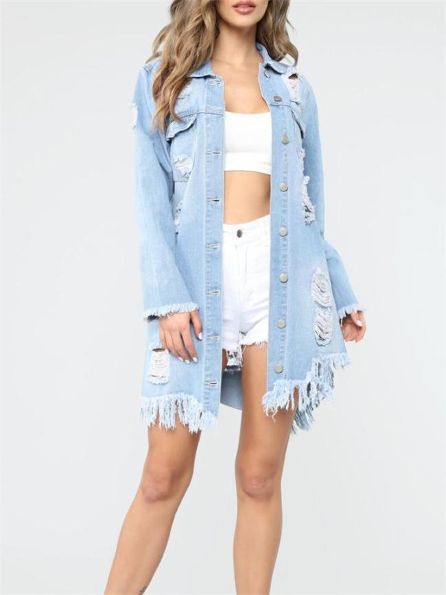 Solid Color Street Style Ripped Button Denim Coat