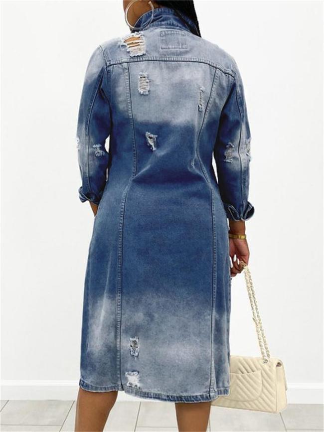 Stylish Faded Effect Ripped Frayed Loose Over The Knee Long Denim Coat