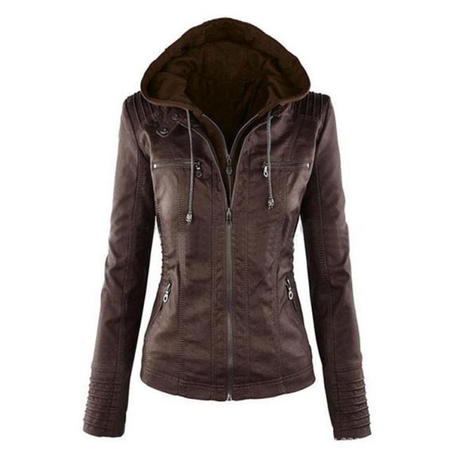 Fashion Zipper Hooded PU Leather Plus Size Jackets
