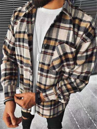 Mens Fashion Plaid Pattern Open Front Long Sleeve Coats