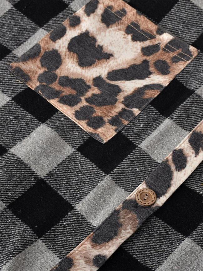 Fashion Contrast Color Design Plaid Leopard Print Chest Pocket Shaket