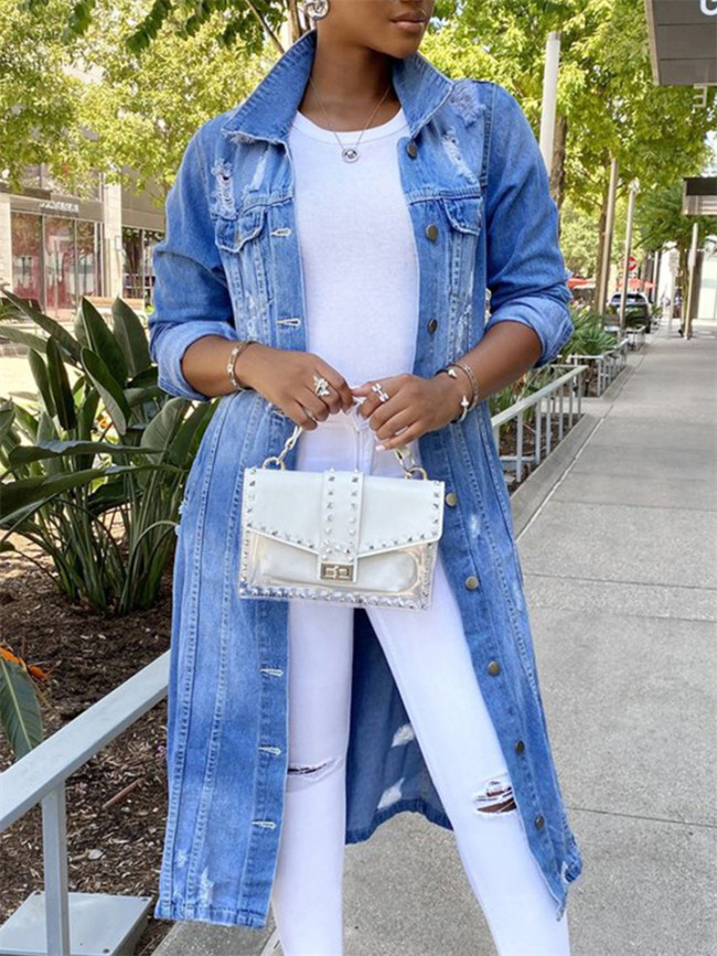 Stylish Faded Effect Ripped Frayed Loose Over The Knee Long Denim Coat