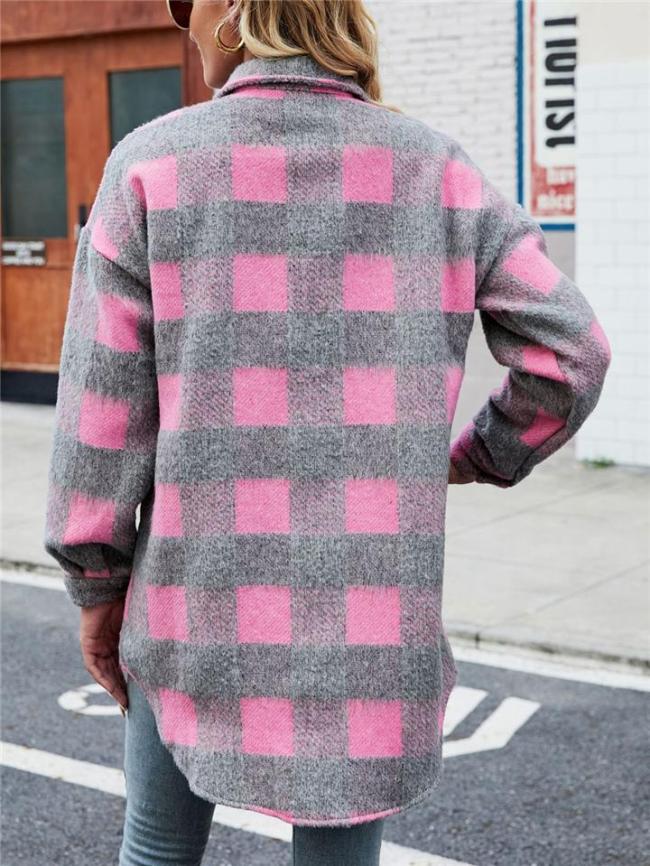 Single-Breasted Contrast Color Checked Pattern Chest Pocket Plaid Jacket
