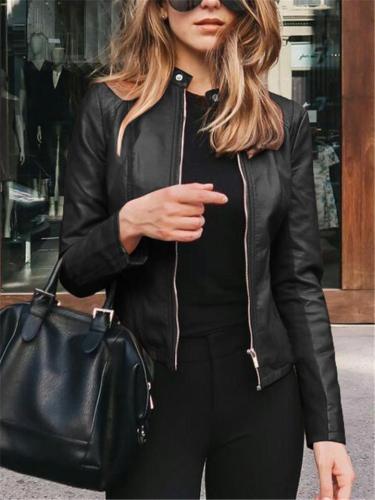 Easy Fit Full Zipper Solid Color Faux Leather Jackets