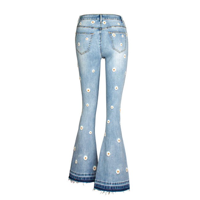 Embroidery Low Waist Elastic Flare Jeans Women Retro Style Bell Bottom Skinny Jeans Female  Blue Wide Leg Denim Pants Plus Size