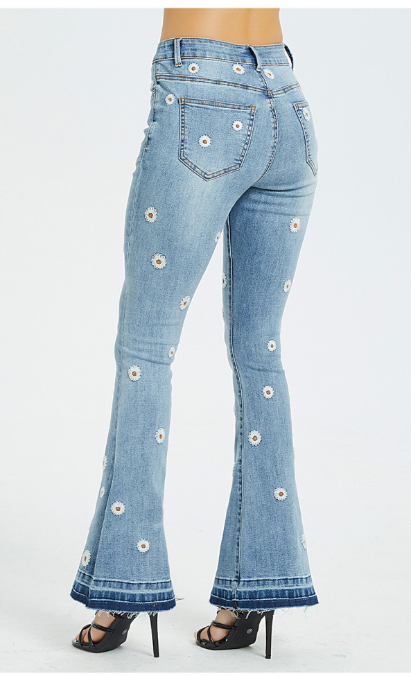 Embroidery Low Waist Elastic Flare Jeans Women Retro Style Bell Bottom Skinny Jeans Female  Blue Wide Leg Denim Pants Plus Size