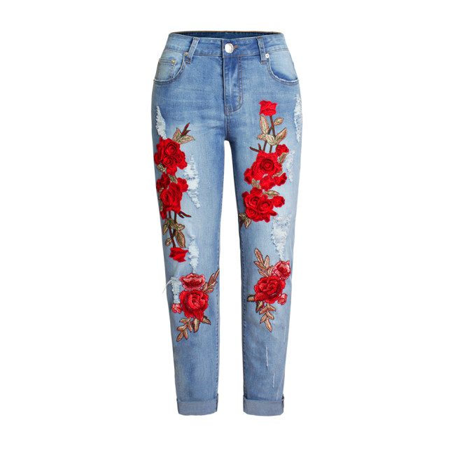 Stretching 3D Torn Jeans With Embroidery Rose Flower Elastic Jeans Women's With  Female Large Size