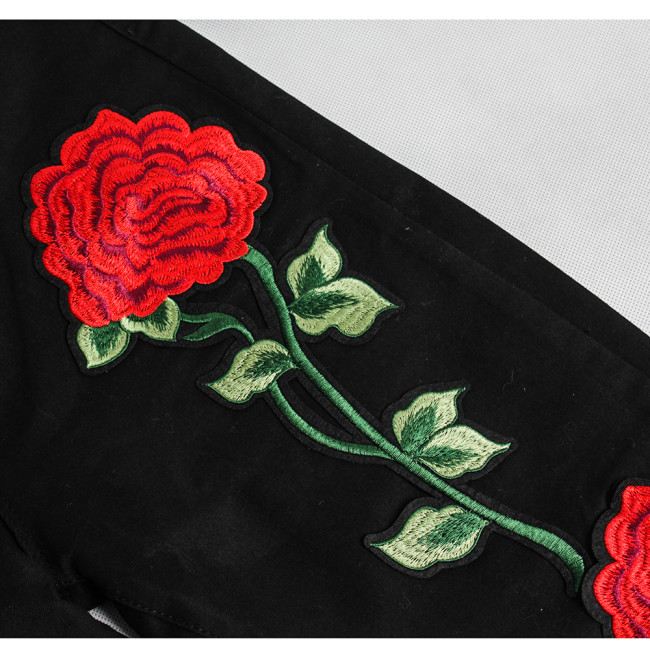 Rose Embroidery Ripped Jeans For Women Plus Size 3XL Skinny Jeans Women Black Pants Vintage Denim Pants