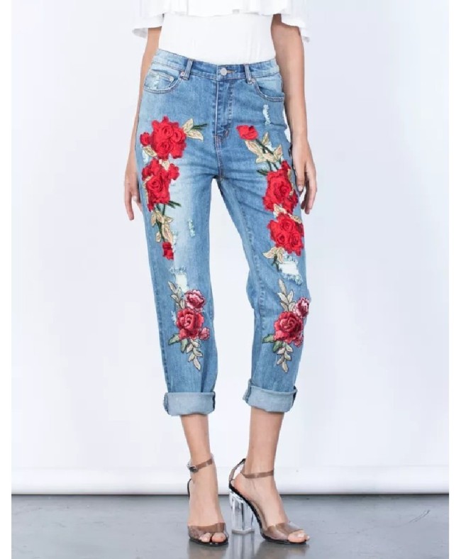 Stretching 3D Torn Jeans With Embroidery Rose Flower Elastic Jeans ...