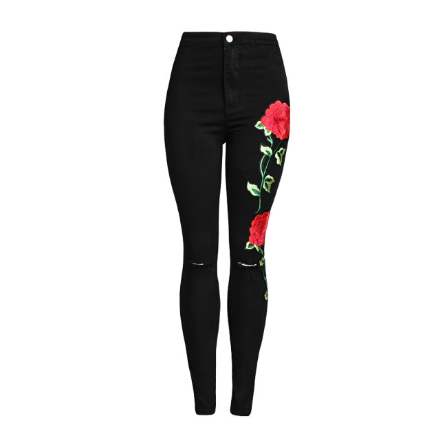 Rose Embroidery Ripped Jeans For Women Plus Size 3XL Skinny Jeans Women Black Pants Vintage Denim Pants