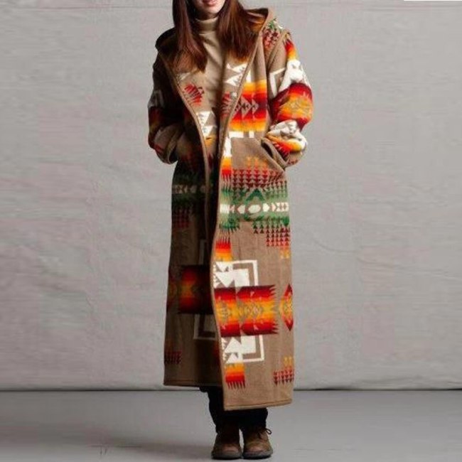 2021  Western Women Long Coat Autumn Winter Retro Aztec Print Rodeo Style Coat