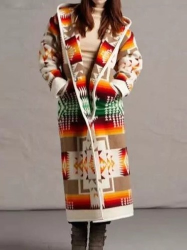 2021  Western Women Long Coat Autumn Winter Retro Aztec Print Rodeo Style Coat