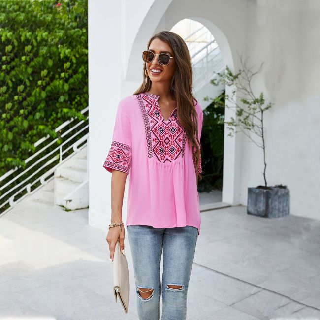 V Neck Boho Embroidered Mexican Shirts Short Sleeve Casual Tops Blouse
