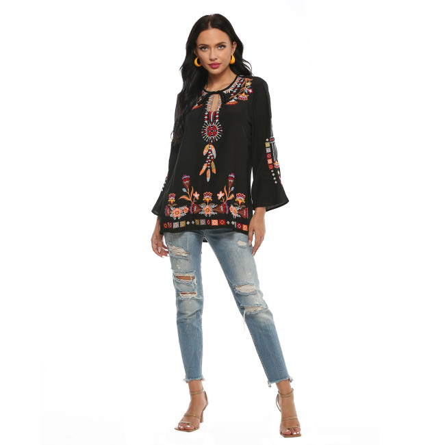 V Neck Boho Embroidered Mexican Tops Long Sleeve Shirts Casual Loose Tunics Blouse