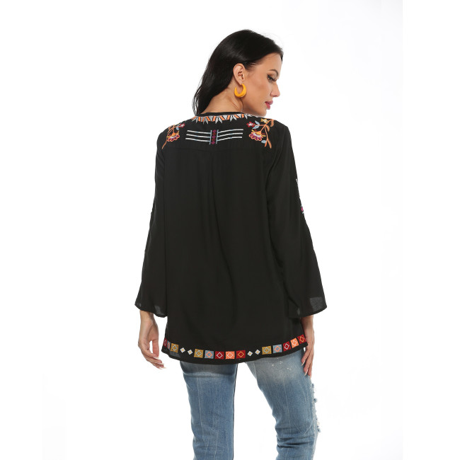 V Neck Boho Embroidered Mexican Tops Long Sleeve Shirts Casual Loose Tunics Blouse