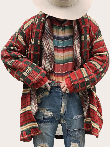 Lapel Plain Mid-Length Casual Men's Aztec Sweater