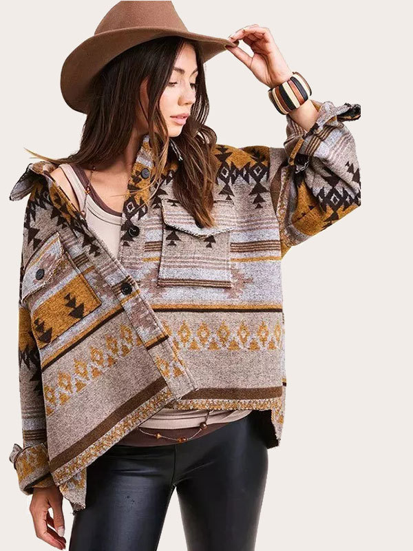 2021 Retro & Western Wear Aztec Printed Woolen Long-Sleeved Straight Jacket Female