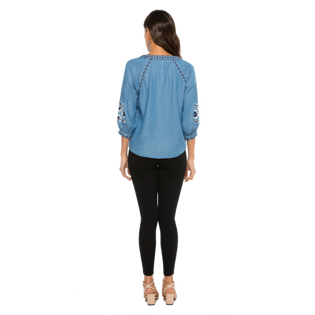 Women's Long Sleeve Embroidery Top Western Wear Denim