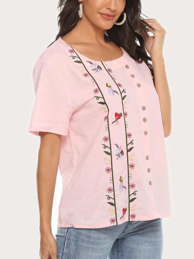Women's Boho Style Embroidery Top Short Sleeve