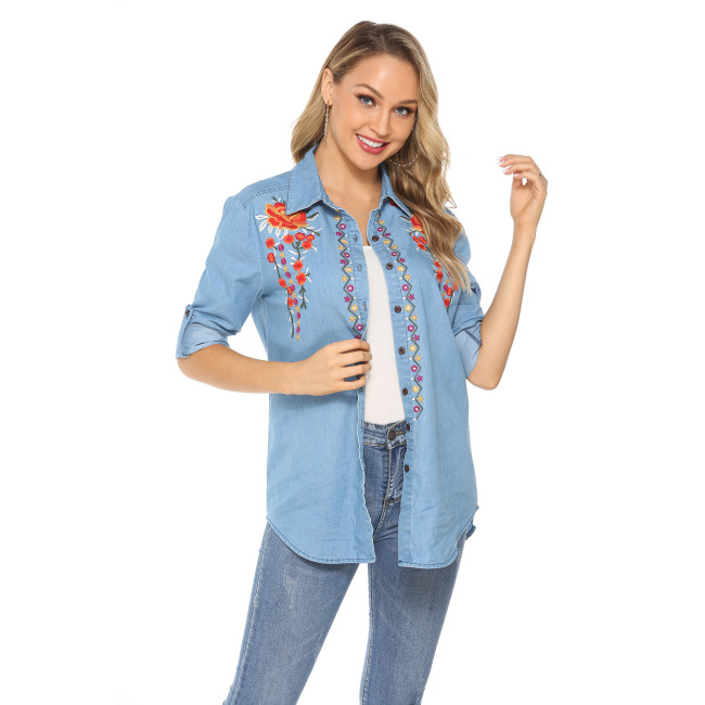 Women's Oversize Long Sleeve Blouse Embroidery Western Style
