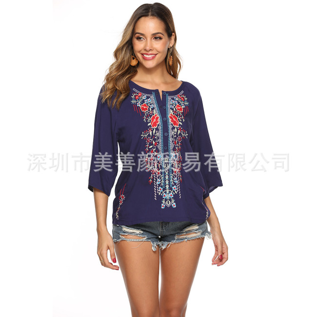 Embroidered Women's Long Sleeve Boho Style Top