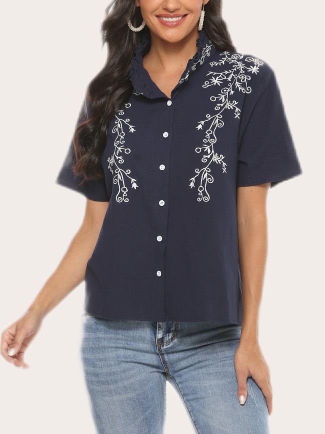 Women's Short Sleeve Embroidery Top Bohemia Style