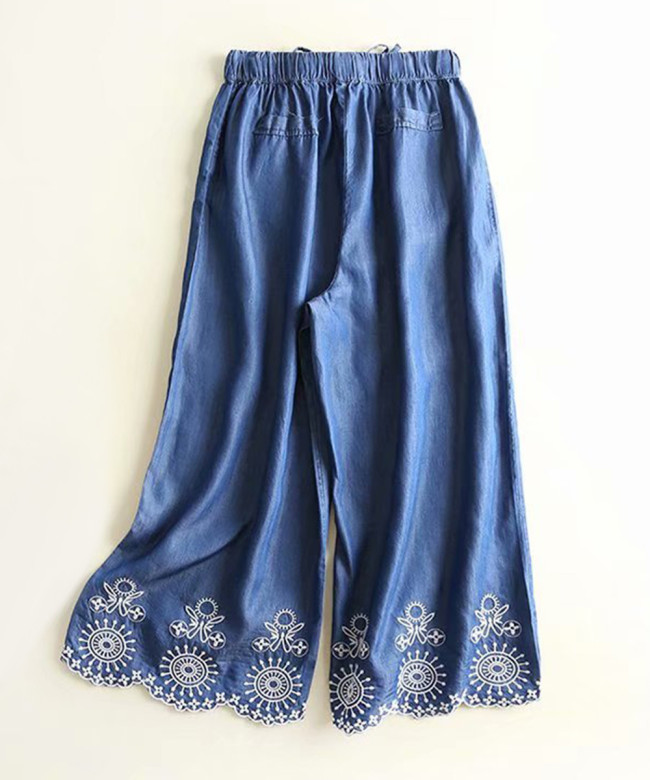 Women's Embroidered-Trim Denim Gaucho Pants