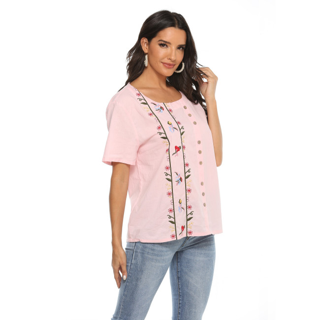 Women's Boho Style Embroidery Top Short Sleeve
