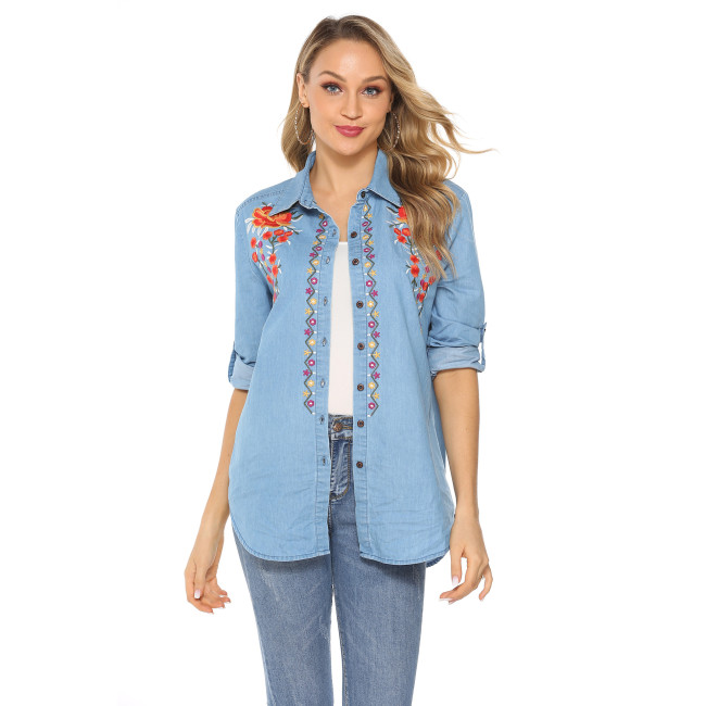 Women's Oversize Long Sleeve Blouse Embroidery Western Style