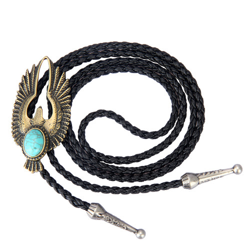 Eagle Bolo Tie With Round Turquoise Leather String Tie Cowboy Necktie Western Style