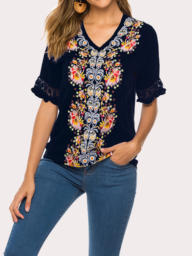 Western Shirt V Neck Boho Embroidered Mexican Shirts Short Sleeve Casual Tops Blouse