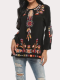 V Neck Boho Embroidered Mexican Tops Long Sleeve Shirts Casual Loose Tunics Blouse