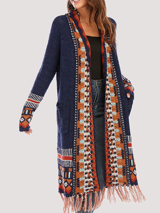 Women coat long cardigan knitted coat European and American romantic tassels style fashion tribal shawl neck duster cardigan coat