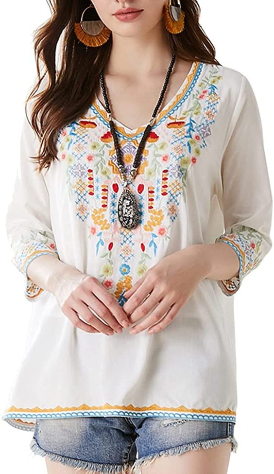 Fall Boho Embroidery Mexican Bohemian Tops Peasant 3/4 Sleeve V Neck Shirt Tunic Blouses