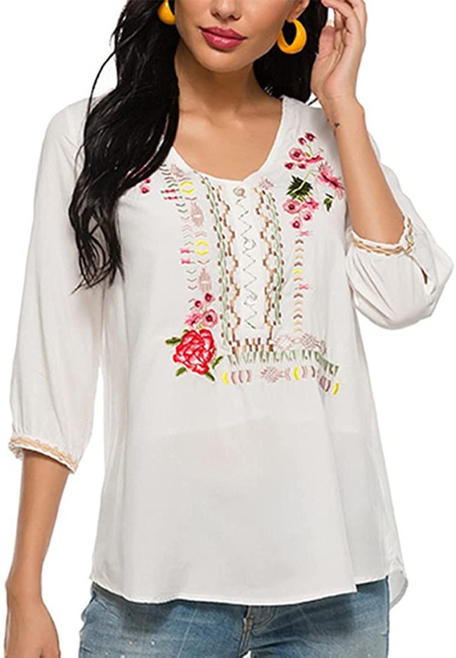 Women's Boho Embroidered Tops 3/4 Sleeve Western Shirts Bohemian Loose Tunic Blouses