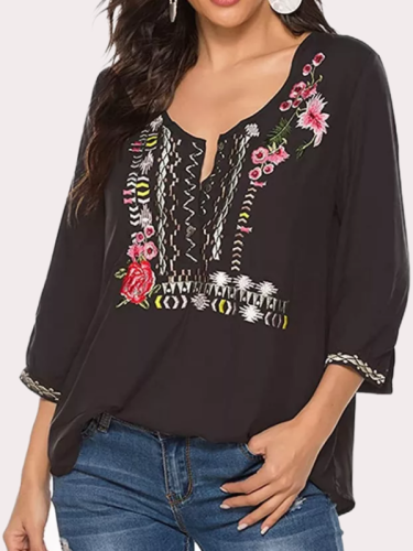Women's Boho Embroidered Tops 3/4 Sleeve Western Shirts Bohemian Loose Tunic Blouses