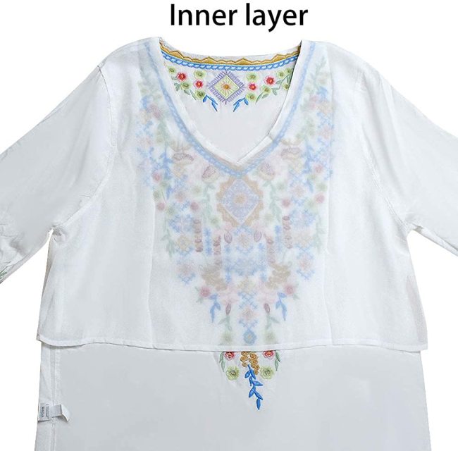 Fall Boho Embroidery Mexican Bohemian Tops Peasant 3/4 Sleeve V Neck Shirt Tunic Blouses
