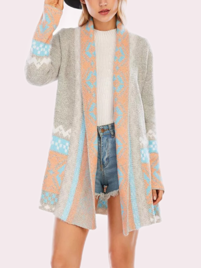 Women's Open Front Boho Long Fluffy Aztec duster Cardigan Sweater With Geometric Print