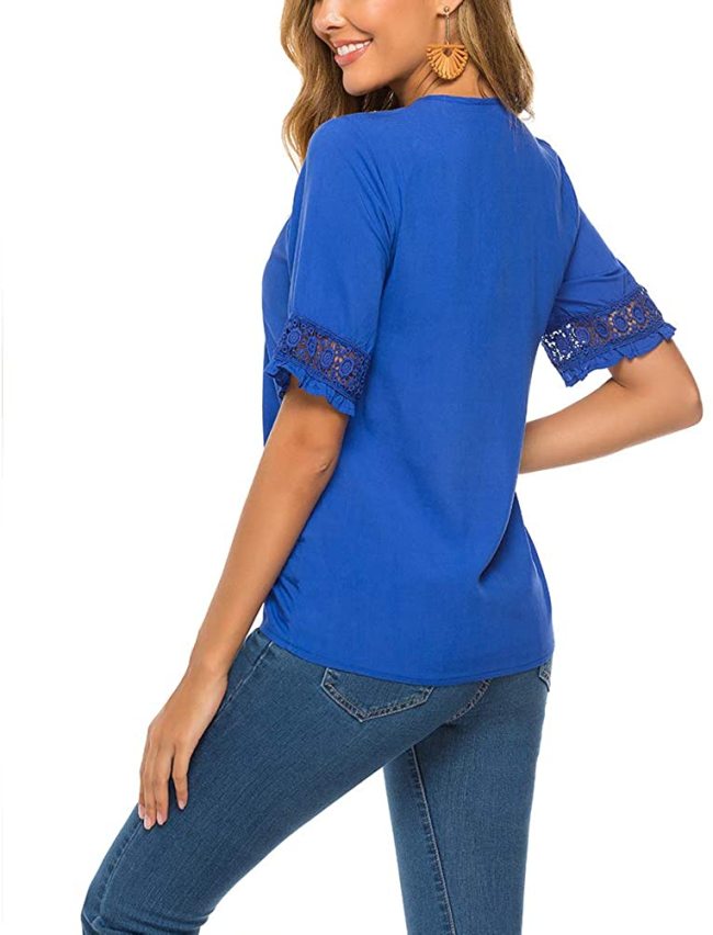 Western Shirt V Neck Boho Embroidered Mexican Shirts Short Sleeve Casual Tops Blouse