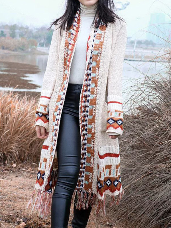 Women coat long cardigan knitted coat European and American romantic tassels style fashion tribal shawl neck duster cardigan coat