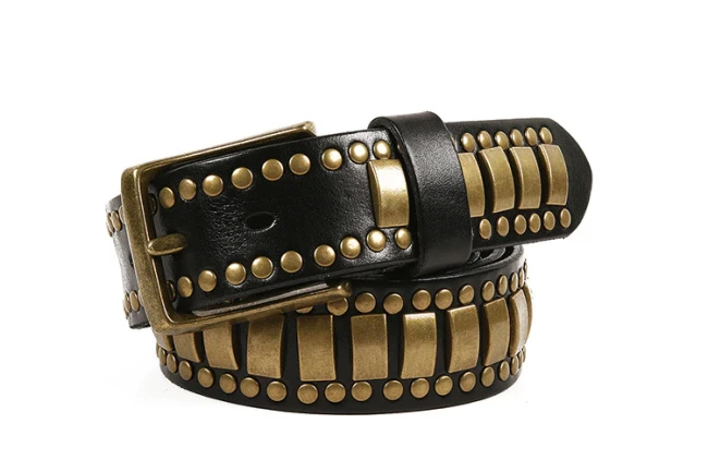 Cowboy Style New bronze studded leather punk belt men's rock belt hip hop style jeans retro belt 3 color choice