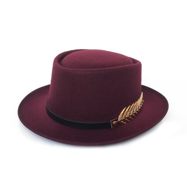 Golden Feather Belt Fedora Hat for Men Flat Top Trilby Caps Women Pork Pie Jazz Hat Classic Church Cap