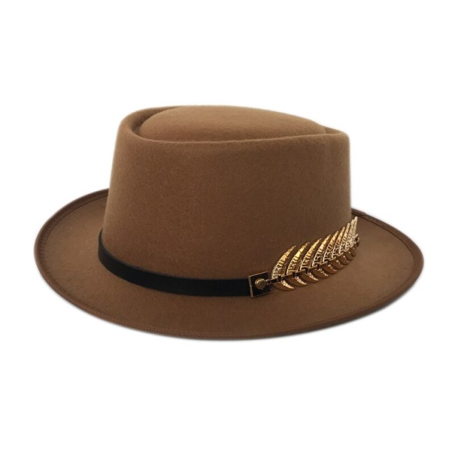 Golden Feather Belt Fedora Hat for Men Flat Top Trilby Caps Women Pork Pie Jazz Hat Classic Church Cap