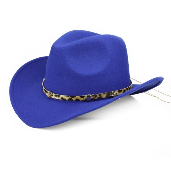 Western Cowboy Cap for Men Winter Warm Leopard Pentagram Belt Jazz Cap Women Wide Brim Fedora Hat Cowgirl